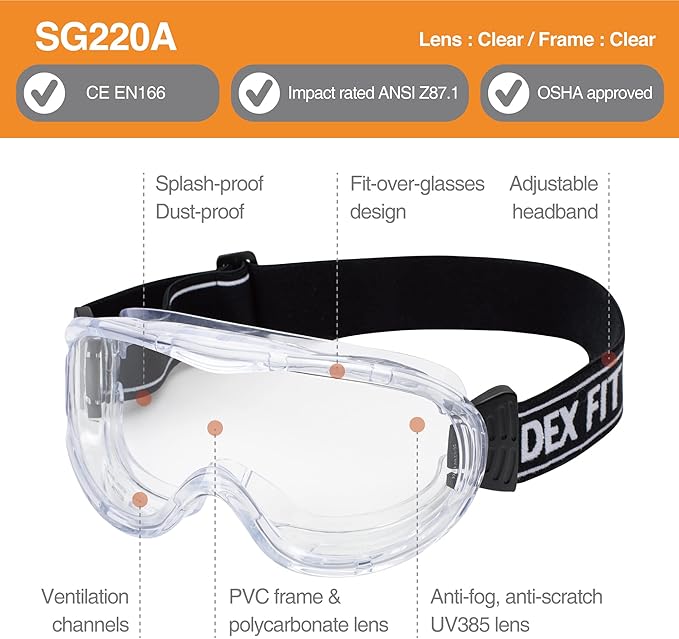 DEX FIT Safety Protective Goggles SG220; 3X Anti Fog & Scratch, Z87 Eye Protection, Adjustable for Lab and Chemistry Work