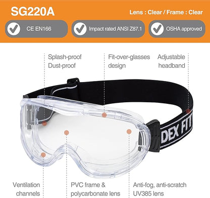 DEX FIT Safety Protective Goggles SG220; 3X Anti Fog & Scratch, Z87 Eye Protection, Adjustable for Lab and Chemistry Work