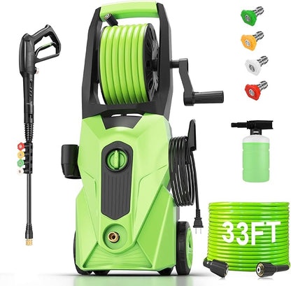 Pressure Cleaner 5000PSI Power Cleaners Powered with 33ft Pressure Hose, 4 Nozzle and Foam Cannon, powerCleaners for Home, Cars, Fences, Patio, Green