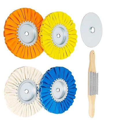 Ketofa 8'' Airway Buffing Wheel Kit, 6 Pcs Aluminum Wheel Polishing Kit in Diameter 5/8" Arbor Hole, Safety Flange, Buffing Wheel Rake, Metal Polishing Wheel 16Ply for Angle Grinder Mirror Finish
