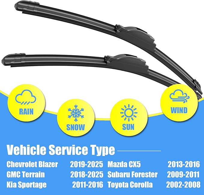 Gavimnal® 24"+18" Silicone Wiper Blades Replacement For Toyota Corolla 2002-2008 Chevrolet Blazer 2019-2025 GMC Terrain 2018-2025 Mazda CX5 13-16,All-Season Front Windshield Wiper Blades(Set of 2)