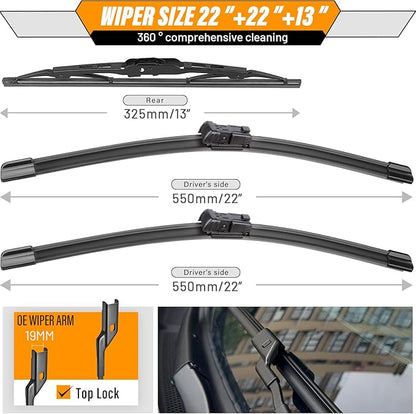 AUTOBOO 22"+22" Windshield Wipers Blades Replacement for Chevrolet Chevy Tahoe Suburban GMC Yukon XL Cadillac Escalade 2021-2024 with 13 Inch Rear Wiper Blade -Original Factory Quality (Pack of 3)