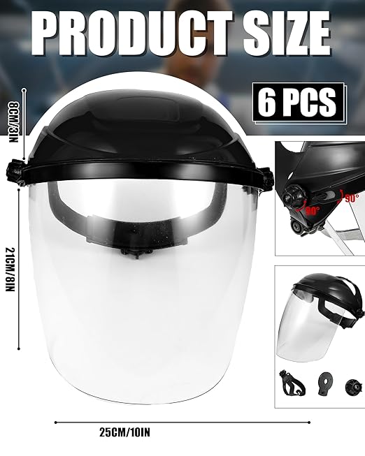 Tellegloww 6 Pack Safety Face Shield for Grinding and Cutting, Full Impact Resistant Face Shield Mask for Work Chemical Woodworking (Black)