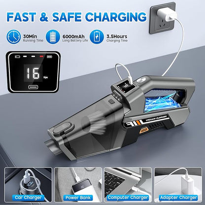 Gxzsk Handheld Vacuum Cordless, 16KPA Powerful Suction Hand Held Vacuum Cleaner Dust Busters Cordless Rechargeable, HD Display & 3 LED Lights, Portable Vacuum for Car, Home, Pet Hair