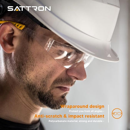 SATTRON Clear Safety Glasses 24PK, Protective Eyewear Polycarbonate Lens with Rubber Temples ANSI Z87.1 Anti-Scratch Impact Resistant Eye Protection for Man Woman Clear Lens/Yellow Frame