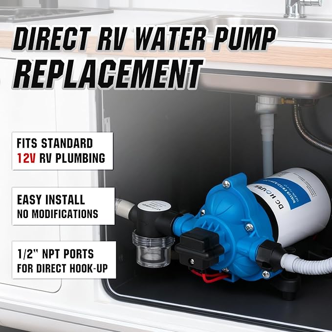 DC HOUSE 12V RV Water Diaphragm Pump Quiet Replacement, 3.5GPM 45PSI On Demand Self Priming Fresh Water Pump with Pressure Switch for Camper, Marine, Boat, Travel Trailer & Off-Grid Use
