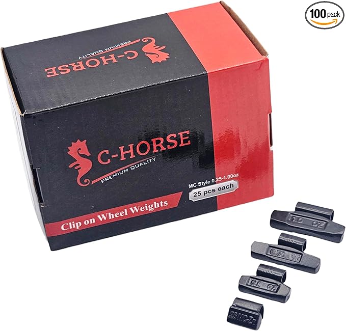 C-HORSE 100Pcs MC Series Clip on Wheel Weights Black Coated Assortment for Hammer Type Rim Balancers, 0.25oz, 0.50oz, 0.75oz, 1.0oz, 25pcs for Each Size Fit for Steel Wheel (MC Style, 0.25-1)