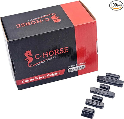 C-HORSE 100Pcs MC Series Clip on Wheel Weights Black Coated Assortment for Hammer Type Rim Balancers, 0.25oz, 0.50oz, 0.75oz, 1.0oz, 25pcs for Each Size Fit for Steel Wheel (MC Style, 0.25-1)