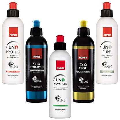 RUPES 5 Pack of High Performance Orbital Polishing Compounds - Includes 250 Milliliter Bottles of D-A Coarse, D-A Fine, UNO Protect, UNO Pure and Uno Advanced