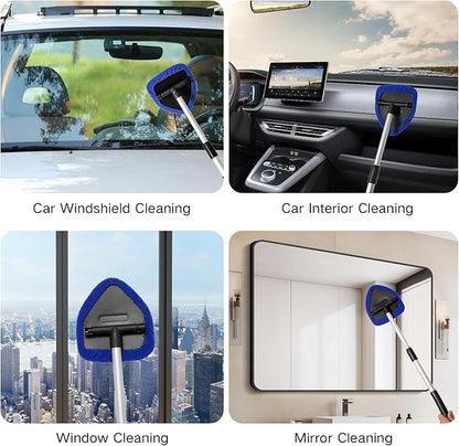 Qydipclin 7pcs Windshield Cleaner Tool Car Window Cleaning Wash Kit with 4 Reusable Microfiber Pads 1 Spray Bottle and Extendable Handle Auto Glass Wiper Kit, Blue&Green