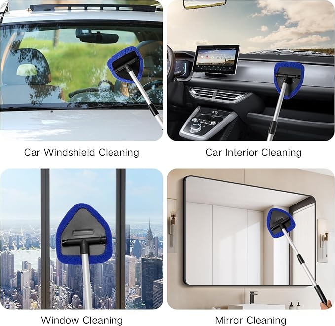 Qydipclin 10pcs Windshield Cleaning Tool Inside Car Window Cleaner Wash Kit with 4 Reusable Microfiber Pads 1 Spray Bottle and Extendable Handle Interior Auto Glass Wiper Kit, Blue