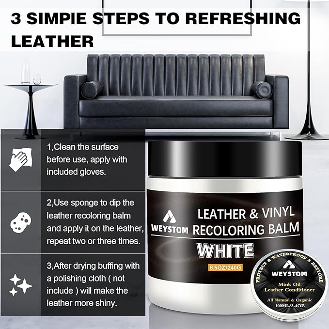 8.5 OZ Leather Recoloring Balm with 100ML Leather Conditioner - White Leather Repair Kit for Furniture, Leather Dye, Recolor, Renew, Repair & Restore Aged, Faded, Cracked, Peeling and Scuffed Leather