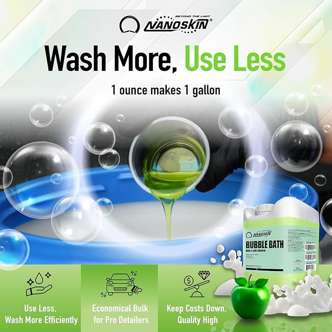 Nanoskin BUBBLE BATH Foaming Car Wash Shampoo 16 Oz. - Works with Foam Cannon, Foam Gun, Bucket Washes, Car Soap for Pressure Washer | For Car, Truck, Motorcycle, RV & More | Green Apple Scented