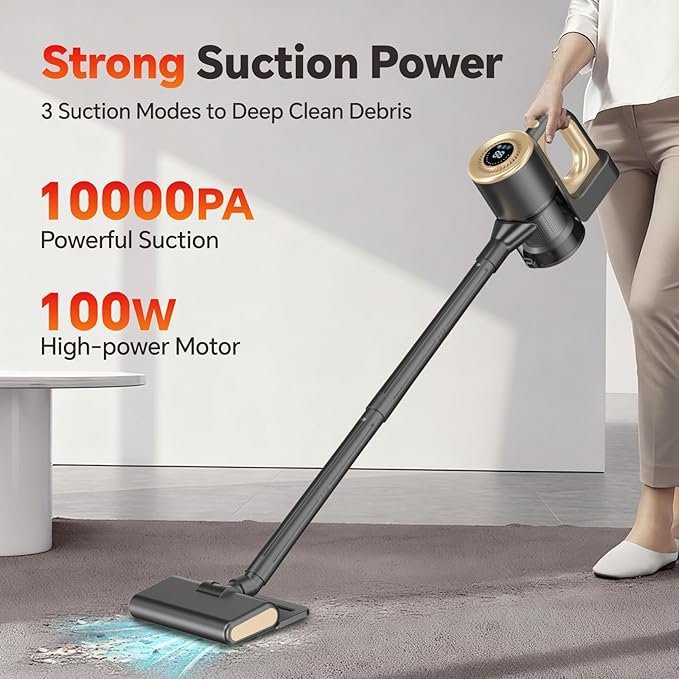 Cordless Vacuum Cleaner, Powerful Suction Vacuum Cleaners for Home, Stick Vacuum Cordless Rechargeable with LED Screen and 3-Speed Suction, Lightweight Vacuum for Hard Floors Carpets Pet Hair, Gold