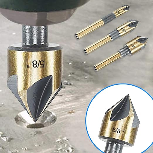 Countersink Drill Bit Set, 5 Pieces High Speed Steel 82 Degree 5 Flute 6mm Round Shank Mill Cutter Bit Countersink in Sizes 1/4" Set with Carrying Case.