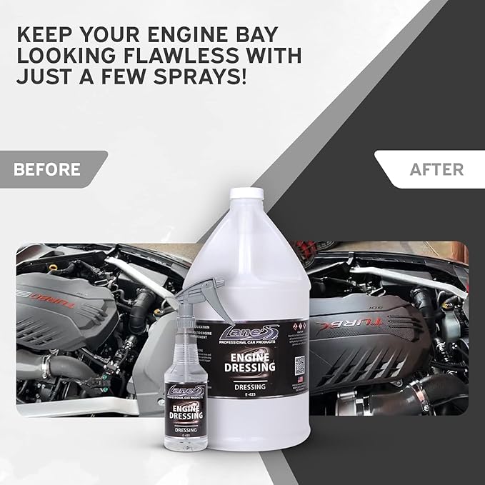 LANE'S Engine Dressing | Professional Engine Bay Cleaner and Protector Shine | Prevents Rubber Hoses Fading and Cracking | Easy to Use, Dust Resistant Degreaser & Detail Spray | 32 oz