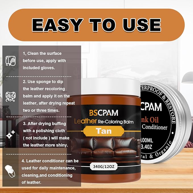 BSCPAM 12oz Leather Recoloring Balm & 3.4oz Mink Oil Leather Conditioner kit,Tan Leather Color Repair Kits for Couches, Leather Couch Paint Scratch Repair for Furniture Car Sofa Shoes Leather Dye