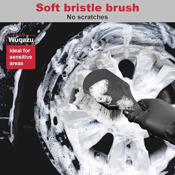 Wuqazu 4PCS Compact Wheel & Tire Cleaning Kit - 360° Flexible Synthetic Wool Rim Brush, 2 Dual-Bristle Brushes & Microfiber Towel | Scratch-Free for All Vehicles