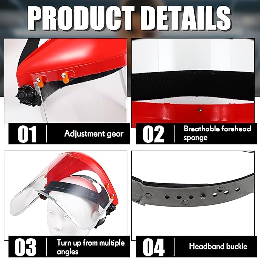 Copkim 3 Pack Safety Face Mask Shield for Grinding Clear Full Face Impact Resistant Safety PET Full Impact Resistant Mask Shield for Work Construction Cutting (Clear PET,Red)