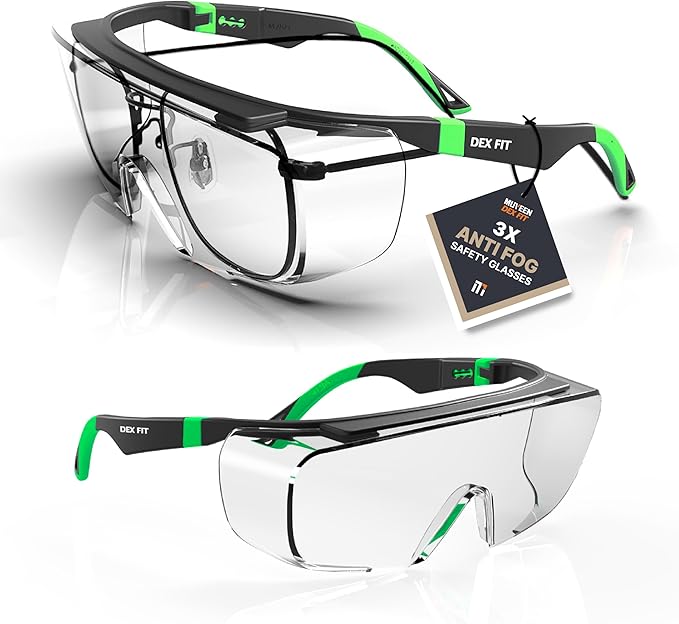 DEX FIT Safety Over Glasses SG210 OTG; Fit Over Your Eyewear, Z87 Eye Protection, 3X Fog & Scratch Resistant, Adjustable for Women & Men, UV Protective (Black & Green Frame, Clear Lens)
