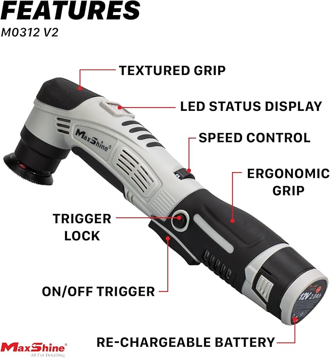 Maxshine Professional Portable Cordless Polisher (M0312 V2) - Portable, Lightweight (1.93 lbs), 6-Speed DA/Rotary Polisher for Auto Detailing, Scratch & Swirl Repair, Paint Protection, Gloss & Shine