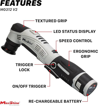 Maxshine Professional Portable Cordless Polisher (M0312 V2) - Portable, Lightweight (1.93 lbs), 6-Speed DA/Rotary Polisher for Auto Detailing, Scratch & Swirl Repair, Paint Protection, Gloss & Shine