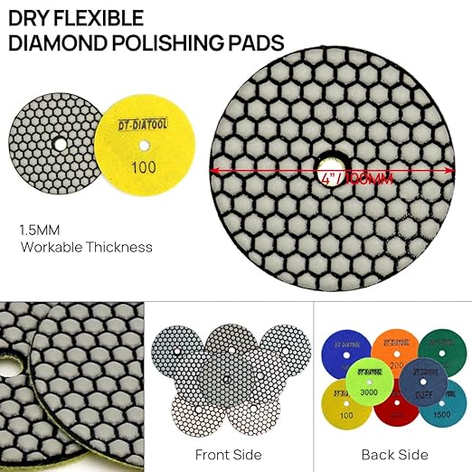 DT-DIATOOL Dry Diamond Polishing Pads 4 Inch for Granite Marble Quartz Stone Countertop Tiles Plastic Mixed Grits Plus Plastic Backer