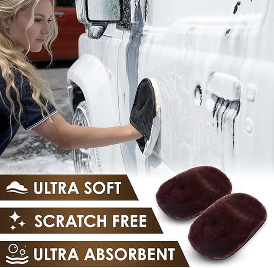 Car Wash Mitt - Ultra-Soft Faux Mutton Glove for Car Wash Kit - Gentle, Scratch-Free Cleaning for Safe Car Detailing & Paint Protection | Car Accessories | Brown | 2PCS - Japan Import