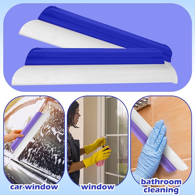 2 Pack 14 inch Car Drying Squeegee Longer Silicone Automotive Water Wiper Flexible Auto T-Bar Rubber Blade for Car Windshield Glass Window Bathroom Shower Squeegees Wash Tool(Blue)