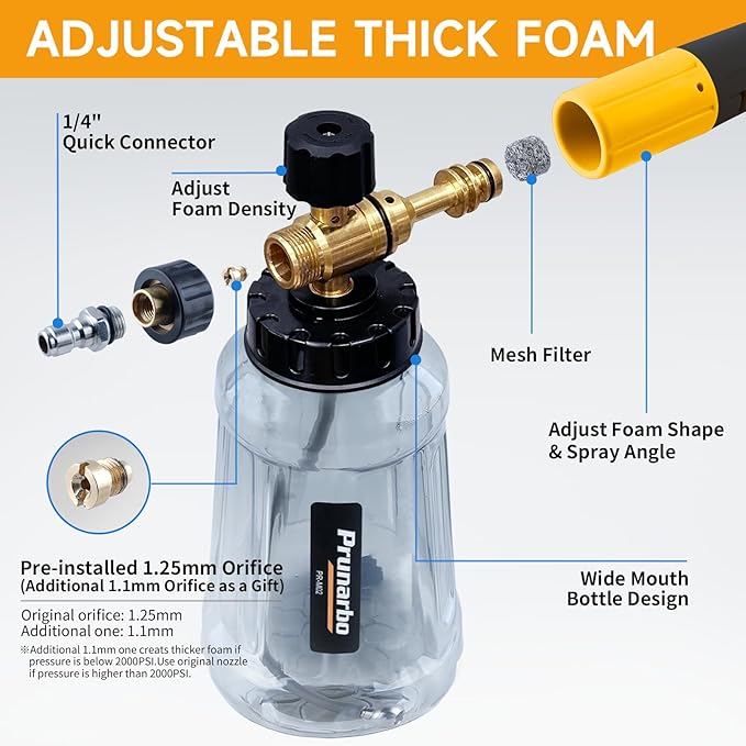 Snow Foam Cannon for Pressure Washer, Heavy Duty Brass Car Wash Swivel Gun 5650 PSI Soap Lance Blaster for Car Washing with 1/4” Quick Connector 5PCS Nozzle Tips kit Vehicle Cleaning Tool