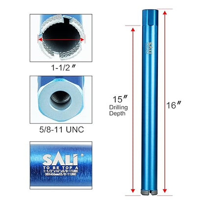 SALI Wet Diamond Core Drill Bits 1-1/2"/38mm Diameter, 15"/380mm Drilling Depth Concrete Core Drill Bit, 5/8-11" Thread Core Bit Turbo Laser-Welded Segments with Rebar, Brick, Block, Masonry, Stone