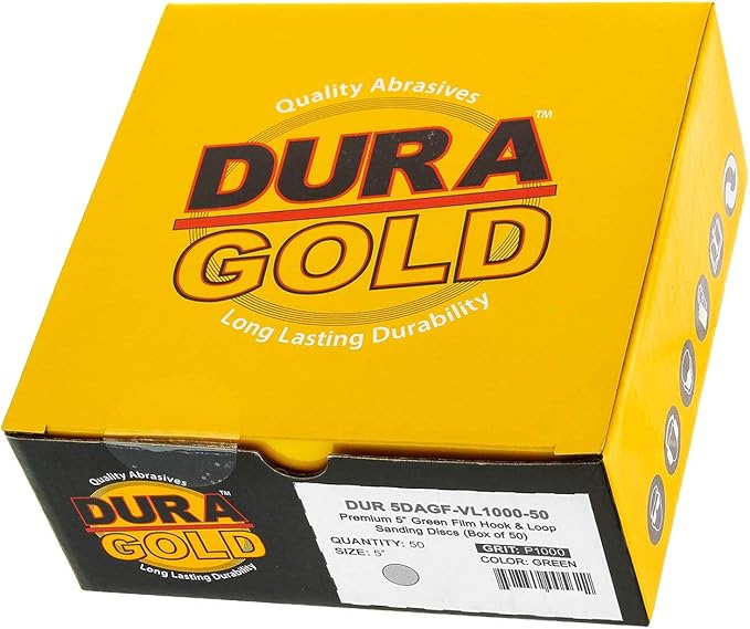 Dura-Gold Premium 5" Green Film Sanding Discs - 1000 Grit (Box of 50) - Hook & Loop Backing Sandpaper Discs for DA Sanders, Finishing Extra Fine Cut Abrasive - Sand Automotive Paint, Woodworking Wood