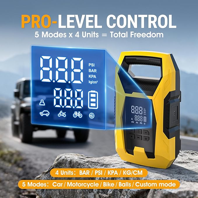 CARSUN Cordless Tire Inflator Portable Air Compressor, 150 PSI Air Compressor for Car Tires, Portable Tire Inflator with Digital Dual Values Display, Tire Pump for Car, Bike, Motorcycle, Ball
