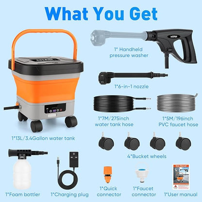660PSI Portable Cordless Pressure Washer with Folding 3.4Gal Tank, 6-in-1 Nozzle, 7 Adjustable Pressure Levels, 7M Hose, Portable Sprayer with Wheels for Car Floor Wall Fence Cleaning (Orange)