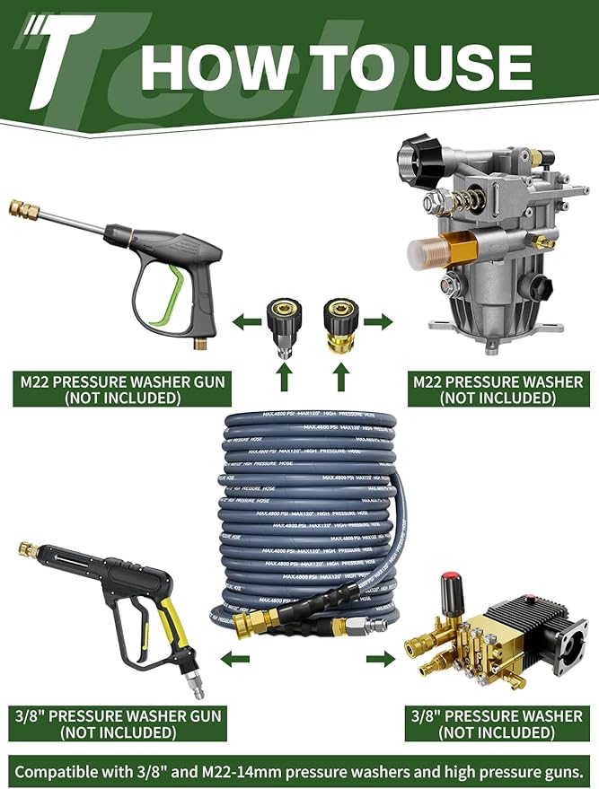 3/8" 4800PSI Pressure Washer Hose 150FT with Swivel Quick Connect for Cold/Hot Water Max 248°F, Kink Resistant Steel Wire Braided, Wear Resistant Power Washer Hose with M22 14mm Adapter