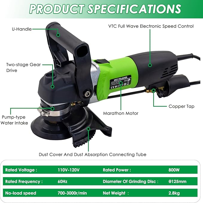 SDRTOP 800W Electric Wet Stone Polisher 4'' Variable Speed Grinder Buffing Machine, Countertop Concrete Polisher with 7PCS Diamond Polishing Pads for Granite, Tile, Cement Floor