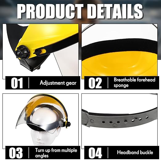 Tellegloww 4 Pack Safety Face Shield for Grinding and Cutting, Full Impact Resistant Face Shield Mask for Work Chemical Woodworking (Yellow)
