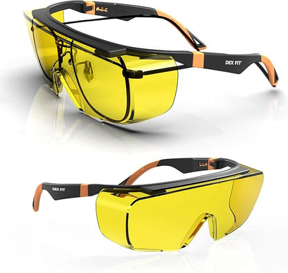 DEX FIT Safety Work Over Glasses SG210 OTG; Z87 Eye Protection for Men & Women, Fog & Scratch Resistant, Adjustable, UV & Blue Light Blocking (Black & Orange Frame, Yellow Lens)