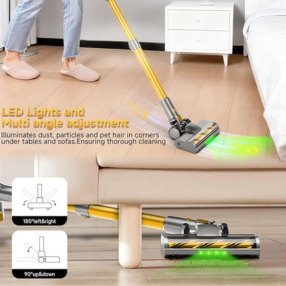 Shieal Cordless Stick Vacuum Cleaner - 45KPA Powerful Suction Vacuum with 45 Min Runtime, Detachable Battery, Anti-Tangle & 1.5L Dust Cup, 8 in 1 Vacuum Cleaner for Pet Hair, Carpet, HardFloor, Yellow