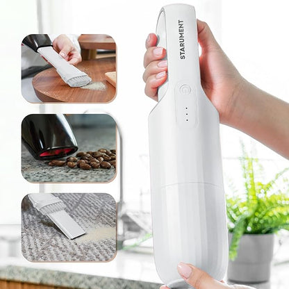 Starument Handheld Vacuum Cleaner - Cordless Vacuum Cleaner for Cleaning Dust, Dirt, Pet Hair Suction - Compact, Rechargeable & Wireless Device for Home, Office, Car - USB-C Cable (White)
