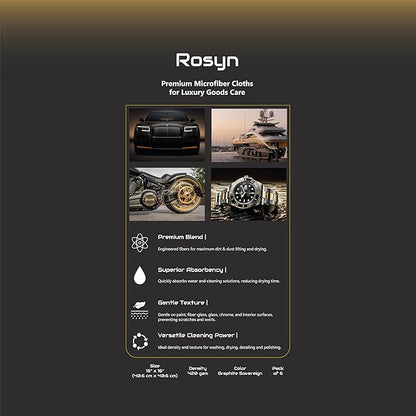 Rosyn Premium 420 GSM Microfiber Cloth Black 16x16 Inches - Luxury Scratch-Free Detailing Towel for Cars, Yachts, Boats & Watches - Ultra Soft, Lint-Free, Highly Absorbent (Large, 6, Count)