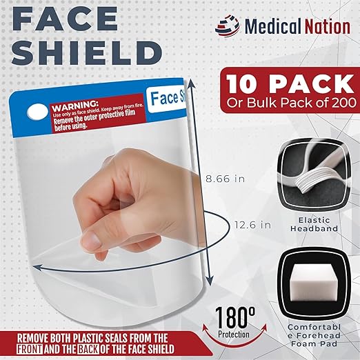 Medical Nation Face Shield | 10 Pack | Clear Plastic Face Shields for Women, Men & Kids, Anti-Fog, Lightweight Reusable Face Shield Mask, Safety Visor Cover with Comfortable Sponge & Elastic Band