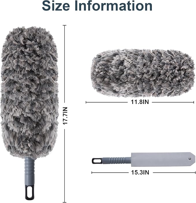 Lint Free 16.8'' Hand Duster,Microfiber Duster with Reusable and Washable Dusting Head for Household Cleaning,Furniture,Car (Black&Grey)