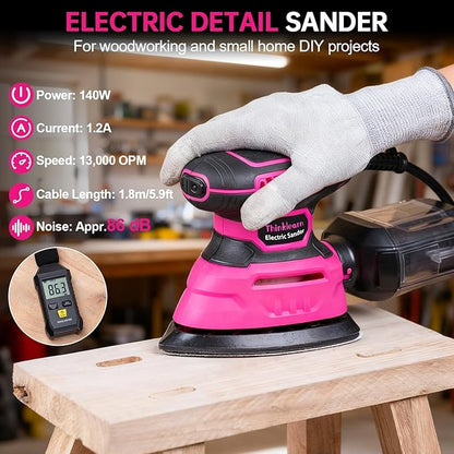 THINKLEARN Detail Sander - 13000 OPM Compact Electric Sander Tool, 1.2A Mouse Sanders with 15Pcs Sandpapers and Dust Box, Handheld Sanding Machine for Woodworking, Furniture and Small Projects