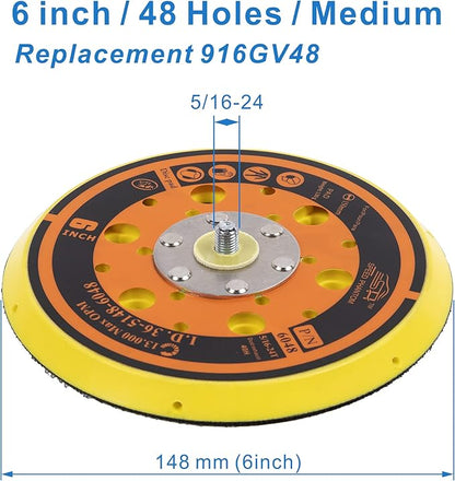 6 inch with 48 Holes Hook and Loop Backing Pad for Air Sander Polisher, 5/16"-24 Thread Max 13000RPM, Pack of 1