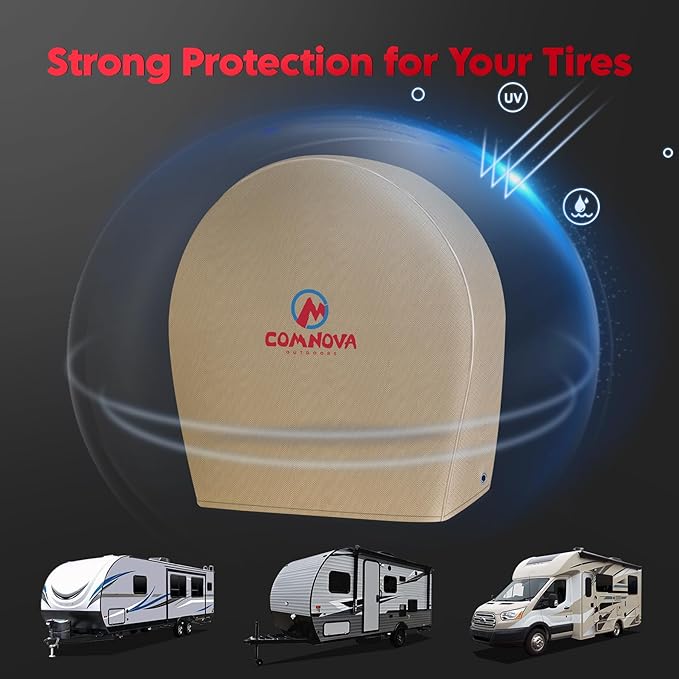 RV Tire Covers 4 Pack, Tough Tire Wheel Protector for Truck, SUV, Travel Trailer, Camper, Van, PU Oxford Waterproof Sun Rain Snow Protector Cover, Fits Tire Diameters 26-29 inch, Beige