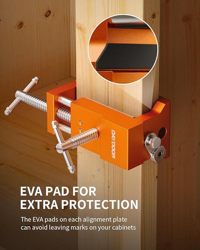 DAYDOOR Professional Cabinet Clamps 2 Pack, Heavy-Duty Cast Steel, Integrated Drill Guide & EVA Protection, Face Frame Alignment Tool for Cabinet Installation & Woodworking, Orange