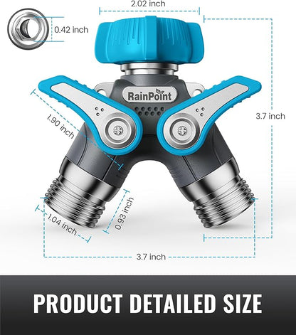 RAINPOINT Garden Hose Splitter, 2 Way Heavy Duty Water Hose Y Spigot Splitter with Shutoff Valves, 100% Metal Body Outdoor Faucet Splitter, 1.9" Extra Long Metal Handle, 3/4" GHT Thread (2, Blue)
