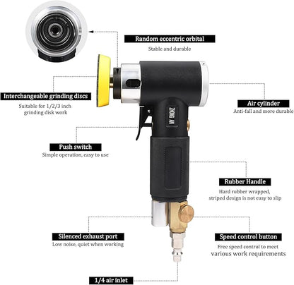 ZHONG AN 2 3-inch Mini Orbital Sander da sander Air Dual Action Sander Air Polisher Super Smooth and Swirl Freely High Speed for Auto Body Work with 20 PCS Sanding Discs (BLACK)