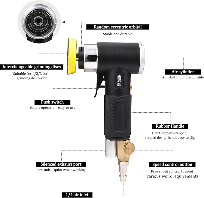 ZHONG AN 1'' 2'' 3'' Mini Orbital Sander da sander Air Dual Action Sander High Speed Pneumatic Mini Sanders Includes 18Pcs 1/2/3in Polishing Sponge & Wool Pads, 30Pcs Sandpapers (BLACK)